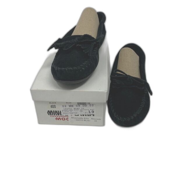 MINNETONKA Kilty Hardsole Moccasins Black 10M Leather Slip On Flats Bow - Picture 1 of 6